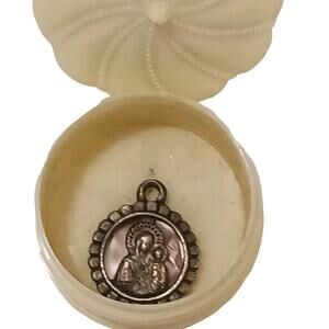 Vintage Brass Pendent Mother Mary and Baby Jesus Christ Pink 1960s w Orig BOX